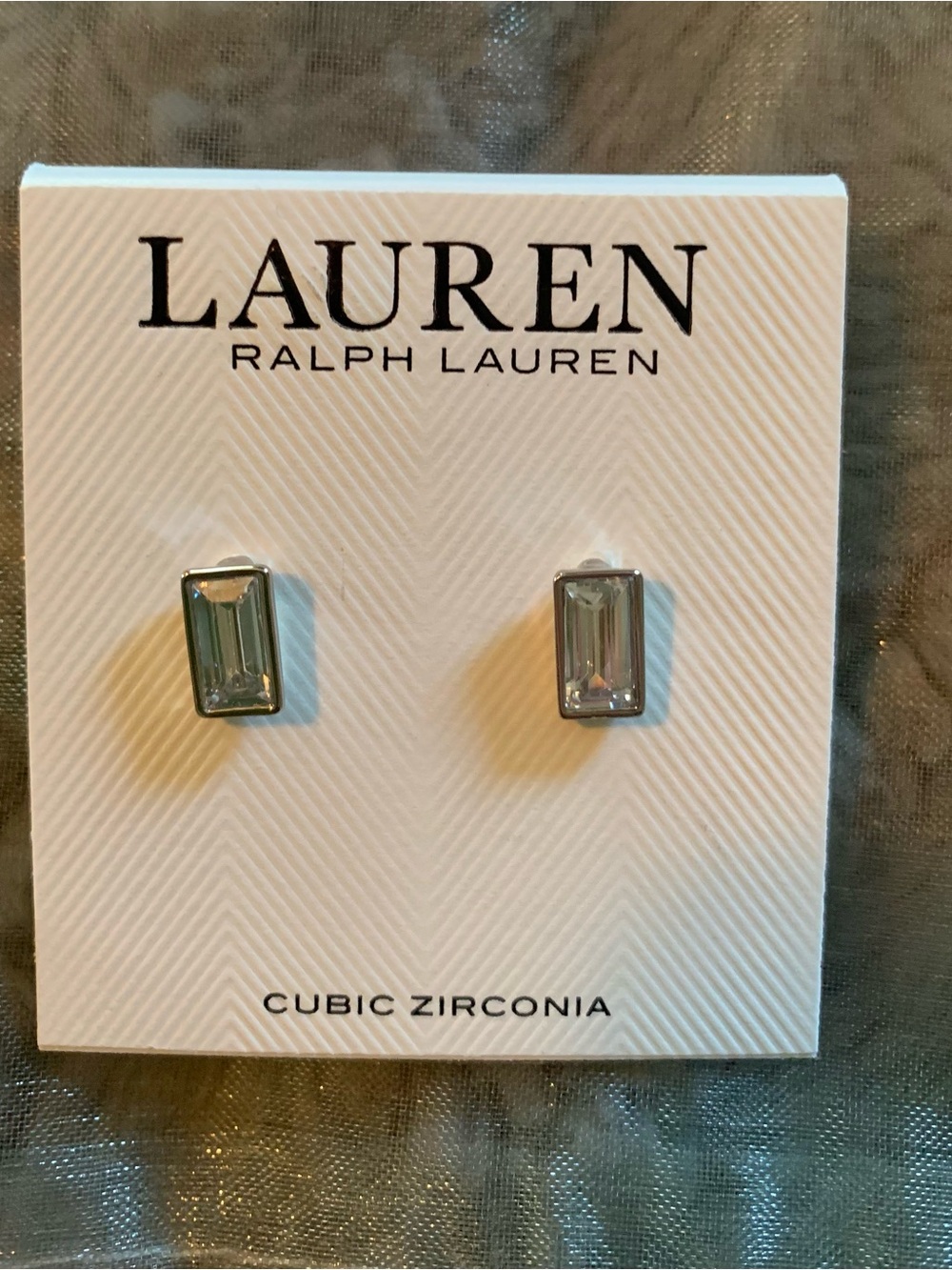 LAUREN Ralph Lauren Silver Cubic Zirconia Rectangular Stud Earrings, NWT